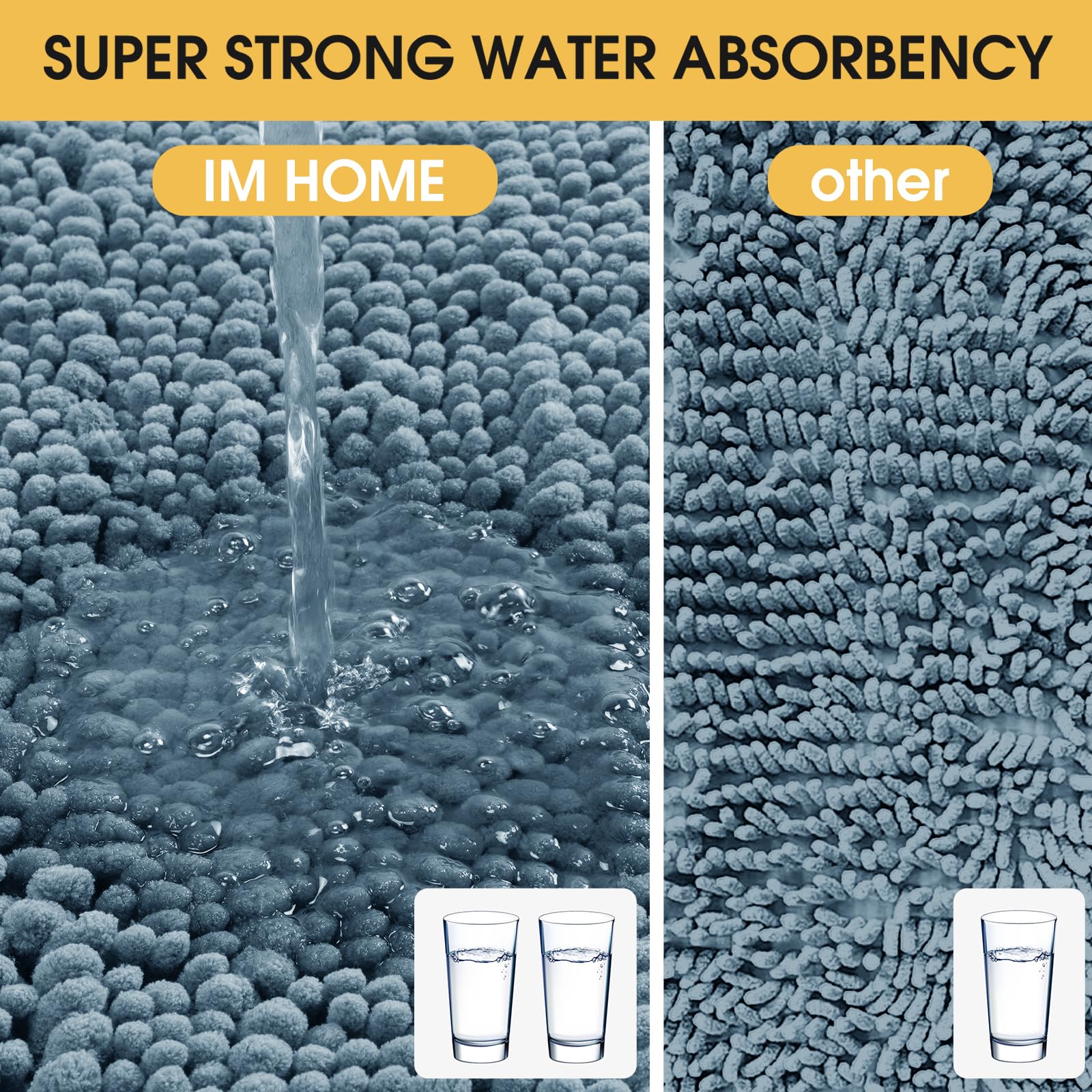 Accumtek Upgrade Extra Large Haze Blue Bathroom Rug Set 3 Pieces Ultra Soft, Thick Absorbent Bath Mats, Non Slip Chenille Toilet